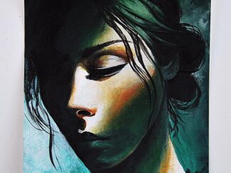 Moody expressionist portrait of a woman in profile, rendered in deep teal, green, and shadow tones on art cardboard._zhannaday