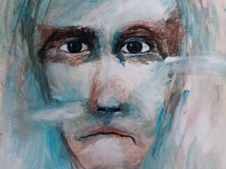 Raw expressionist painting on cardboard showing an emotive face with wide eyes, created with loose blue and earthy acrylic washes._zhanna day