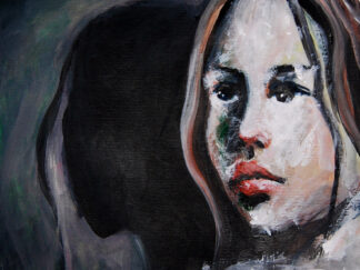 : Contemporary acrylic painting of a woman's face contrasted against a dark, looming silhouette shadow on a dark background.