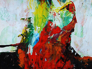 : Abstract expressionist painting with heavy texture and palette knife strokes in red, yellow, and green, suggesting abstract figures._zhanna day