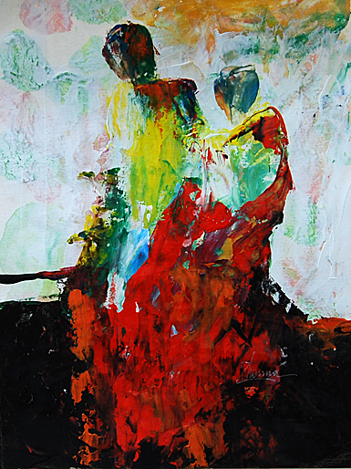 acrylic on paper : Abstract expressionist painting with heavy texture and palette knife strokes in red, yellow, and green, suggesting abstract figures._zhanna day