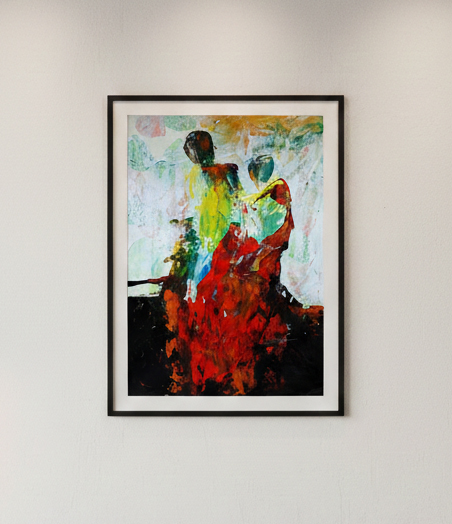 acrylic on paper : Abstract expressionist painting with heavy texture and palette knife strokes in red, yellow, and green, suggesting abstract figures.