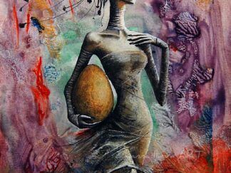 Surrealist mixed media painting of a veiled figure with a crown of dark roses holding a golden egg amidst a textured purple and red background._zhannaday