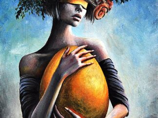 Original acrylic painting on cardboard of a blindfolded woman with a crown of pink roses, cradling a large golden egg against a blue textured background._zhanna day