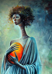 Large scale abstract painting, gold leaf accents and earthy tones, modern gallery style artwork.