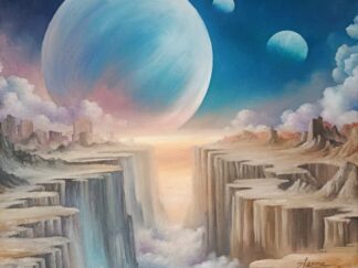 Original oil painting of a misty landscape in deep blue and surreal landscape in blue tones.