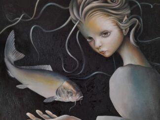 Surreal oil painting of a girl with flowing hair holding a large fish in the dark.