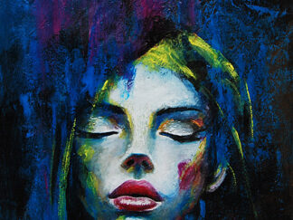 Surrealist portrait painting of a woman with closed eyes in shades of blue, purple, and yellow, acrylic on cardboard, 21x15cm._zhanna day
