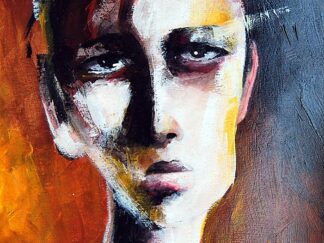 Original acrylic painting of a man's face with a sad expression, orange and dark brown background, textured brushstrokes, 21x15cm_zhanna day