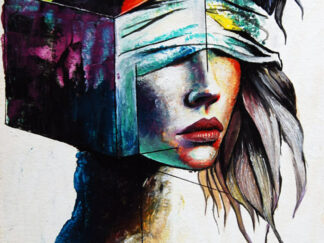 Surreal painting of a blindfolded woman with a black bird inside a box on her head, bright colors on white background, 21x15cm._zhanna day