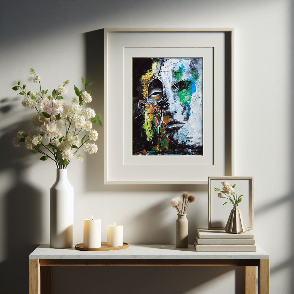 βasura iiβ original acrylic painting (copy) Abstract expressionist portrait painting with green and yellow splashes, textured white face on a black background, 21x15cm.