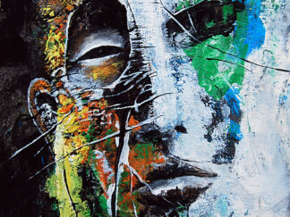Abstract expressionist portrait painting with green and yellow splashes, textured white face on a black background, 21x15cm._zhanna day