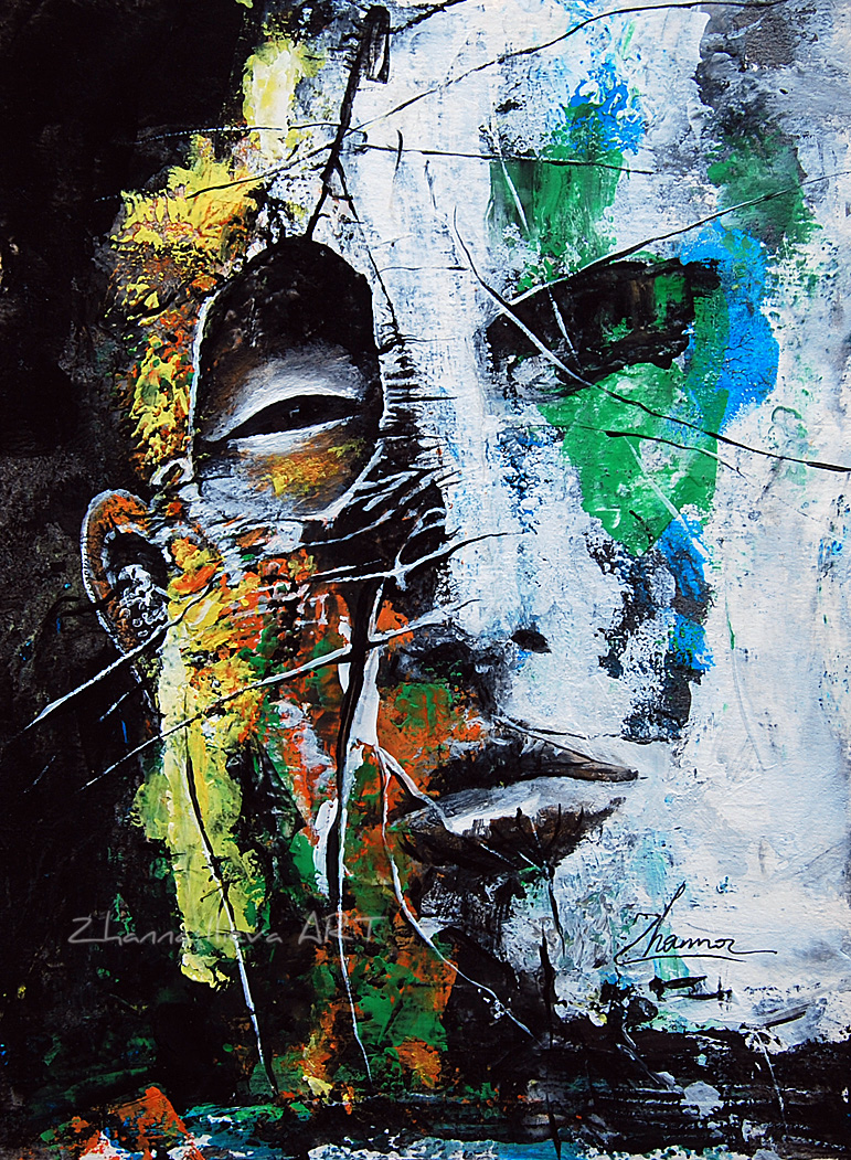 βasura iiβ original acrylic painting (copy) Abstract expressionist portrait painting with green and yellow splashes, textured white face on a black background, 21x15cm._zhanna day