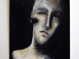 Abstract acrylic portrait of Dorian Gray, pale face with dark shadows on a black background, textured brushwork, 21x15cm._acrylic _zhanna day_ painting, 21x15 cm – urban expressionism (copy)