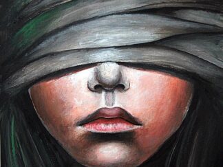Original acrylic painting of a womanβs face with her eyes covered by grey bandages, warm skin tones, 21x15cm._zhanna