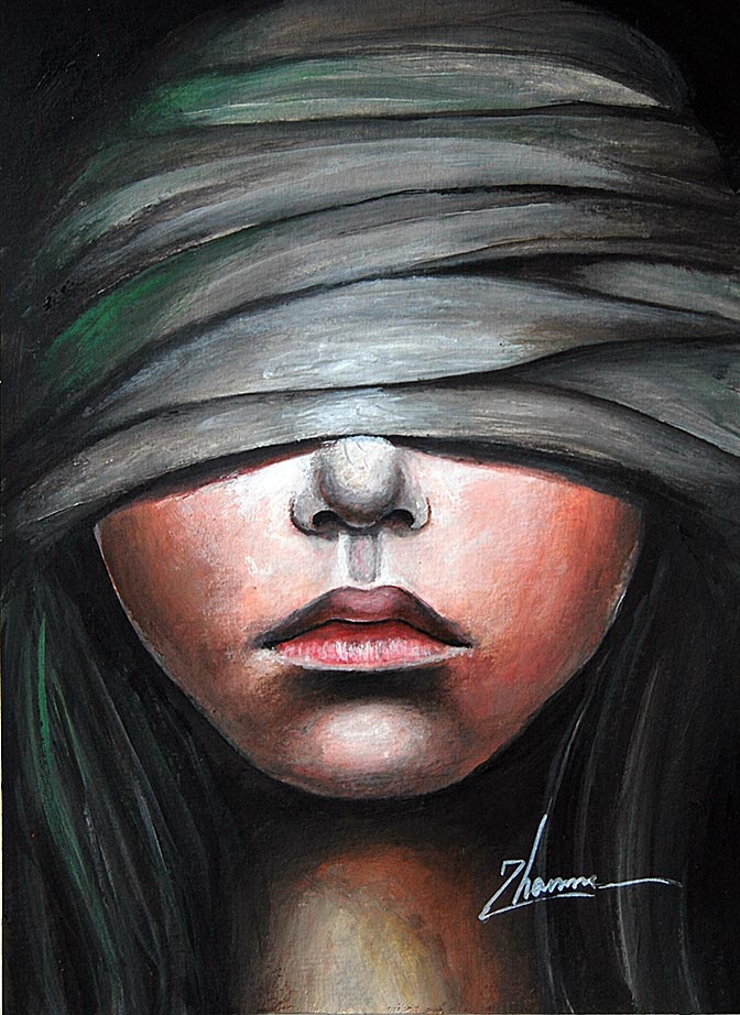 "dark city" – original abstract portrait acrylic painting, 21x15 cm – urban expressionism (copy) Original acrylic painting of a woman’s face with her eyes covered by grey bandages, warm skin tones, 21x15cm._zhanna