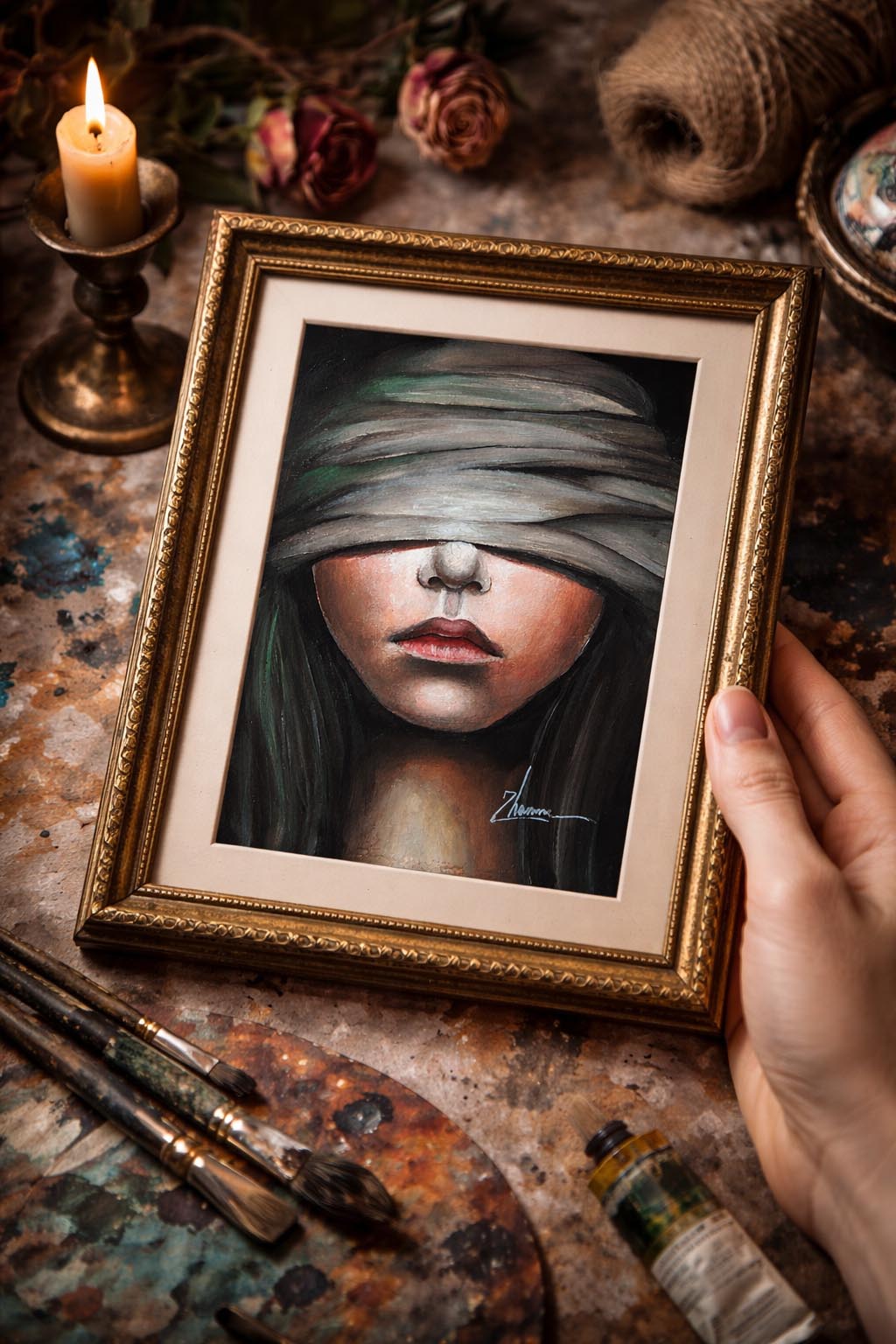 "dark city" – original abstract portrait acrylic painting, 21x15 cm – urban expressionism (copy) Original acrylic painting of a woman’s face with her eyes covered by grey bandages, warm skin tones, 21x15cm.