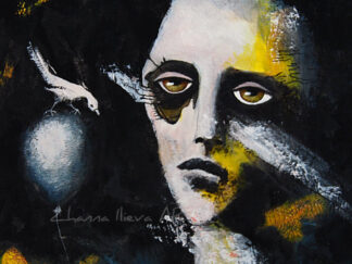 Dark surrealist painting of a pale woman with large sad eyes, a white bird, zhanna day