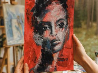 Impasto style acrylic portrait of a face with intense eyes, featuring heavy textures in red, blue, and white._zhanna day
