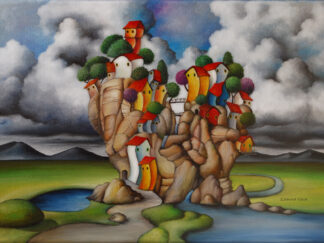 surrealism, floating houses, dreamscape art, magical realism, vibrant oil painting