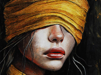 Acrylic painting of a woman's lower face with vibrant red lips and a textured golden yellow blindfold against a dark background._zhanna day