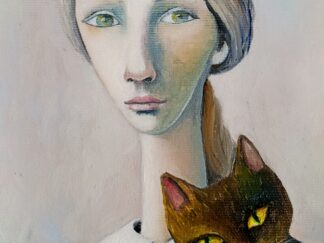 Whimsical miniature oil painting of a young girl holding a fluffy cat.