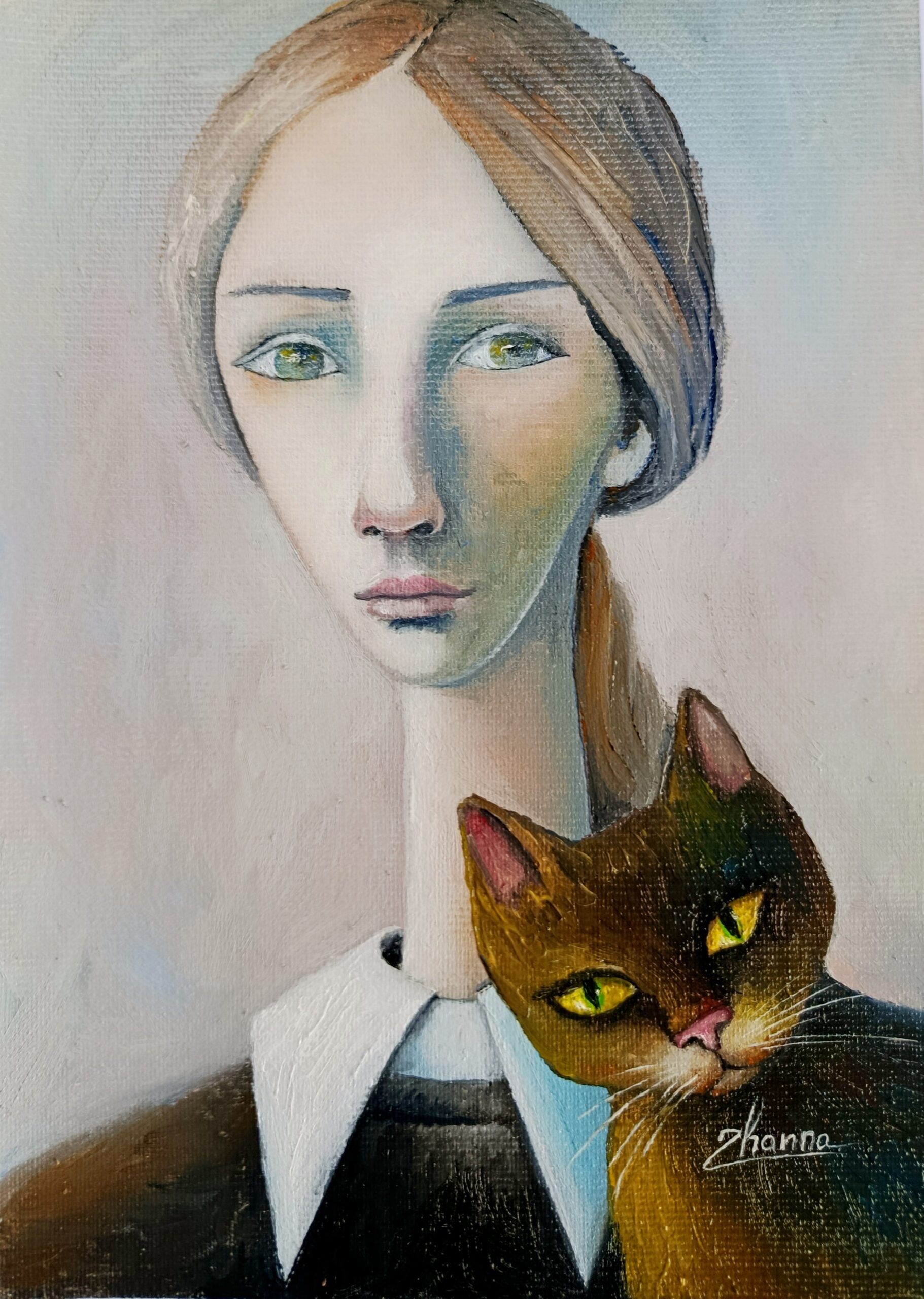 girl and cat whimsical miniature oil painting Whimsical miniature oil painting of a young girl holding a fluffy cat.