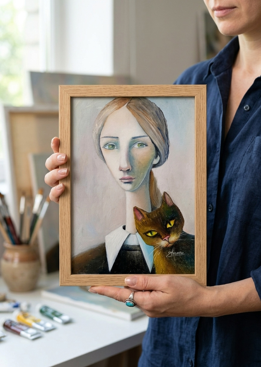 girl and cat whimsical miniature oil painting girl and cat whimsical miniature oil painting