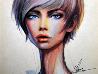 Stylized acrylic painting of a woman with short blonde hair, blue eyes, and an elongated neck against a neutral background._zhannna day