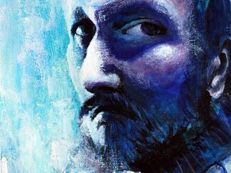 High-contrast acrylic portrait of a bearded man in shades of blue, teal, and white, looking over his shoulder._zhanna day