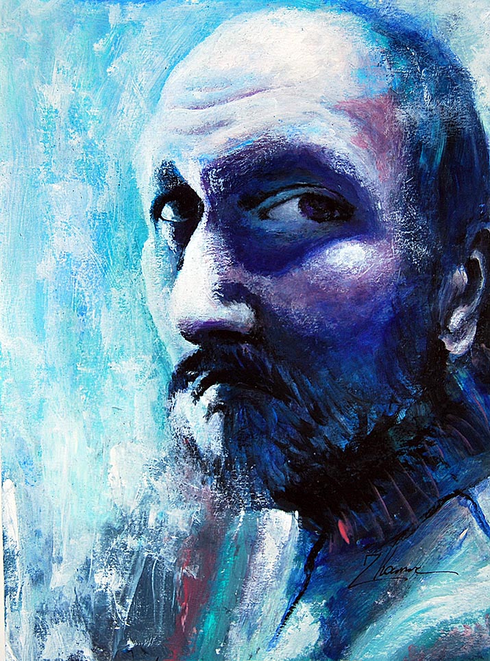 "ember of silence" – original abstract minimalist painting (copy) High-contrast acrylic portrait of a bearded man in shades of blue, teal, and white, looking over his shoulder._zhanna day