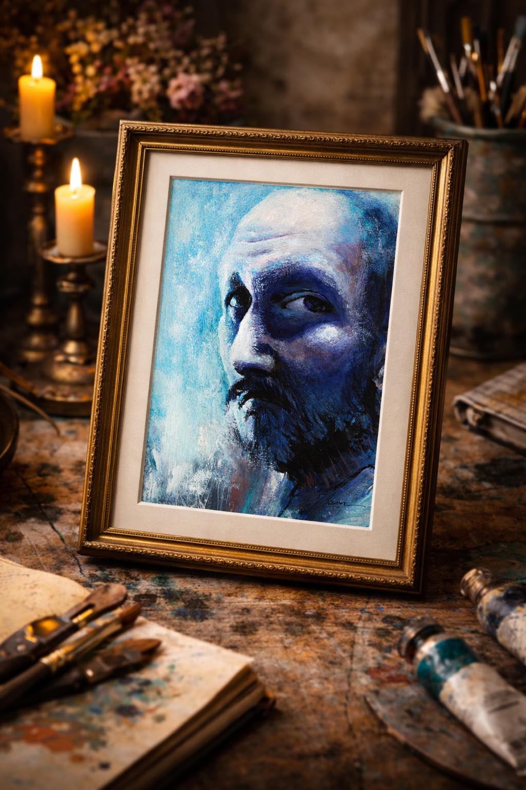 "ember of silence" – original abstract minimalist painting (copy) High-contrast acrylic portrait of a bearded man in shades of blue, teal, and white, looking over his shoulder.