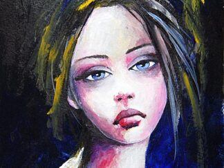 Ethereal portrait of a young woman with blue eyes and messy dark hair against a dark blue and black textured background._zhanna da y