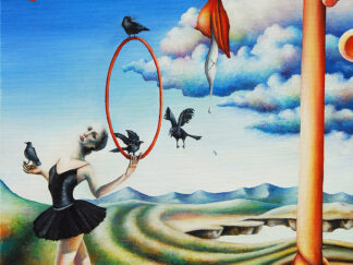 Complex surreal scene with a ballerina, floating spheres, crows, and a hand holding a red cloth.