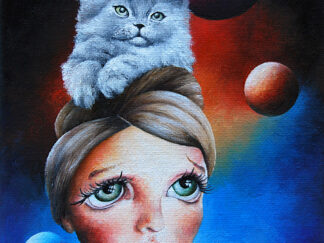 Whimsical portrait of a girl with a fluffy gray cat on her head amidst colorful planets.