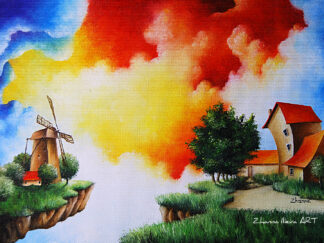 Fantasy landscape with floating islands, a windmill, and a crooked house under a vibrant sky.