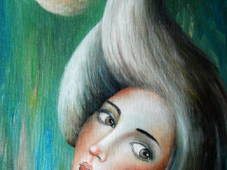 Ethereal woman with hair shaped like a scorpion tail under a large glowing moon.
