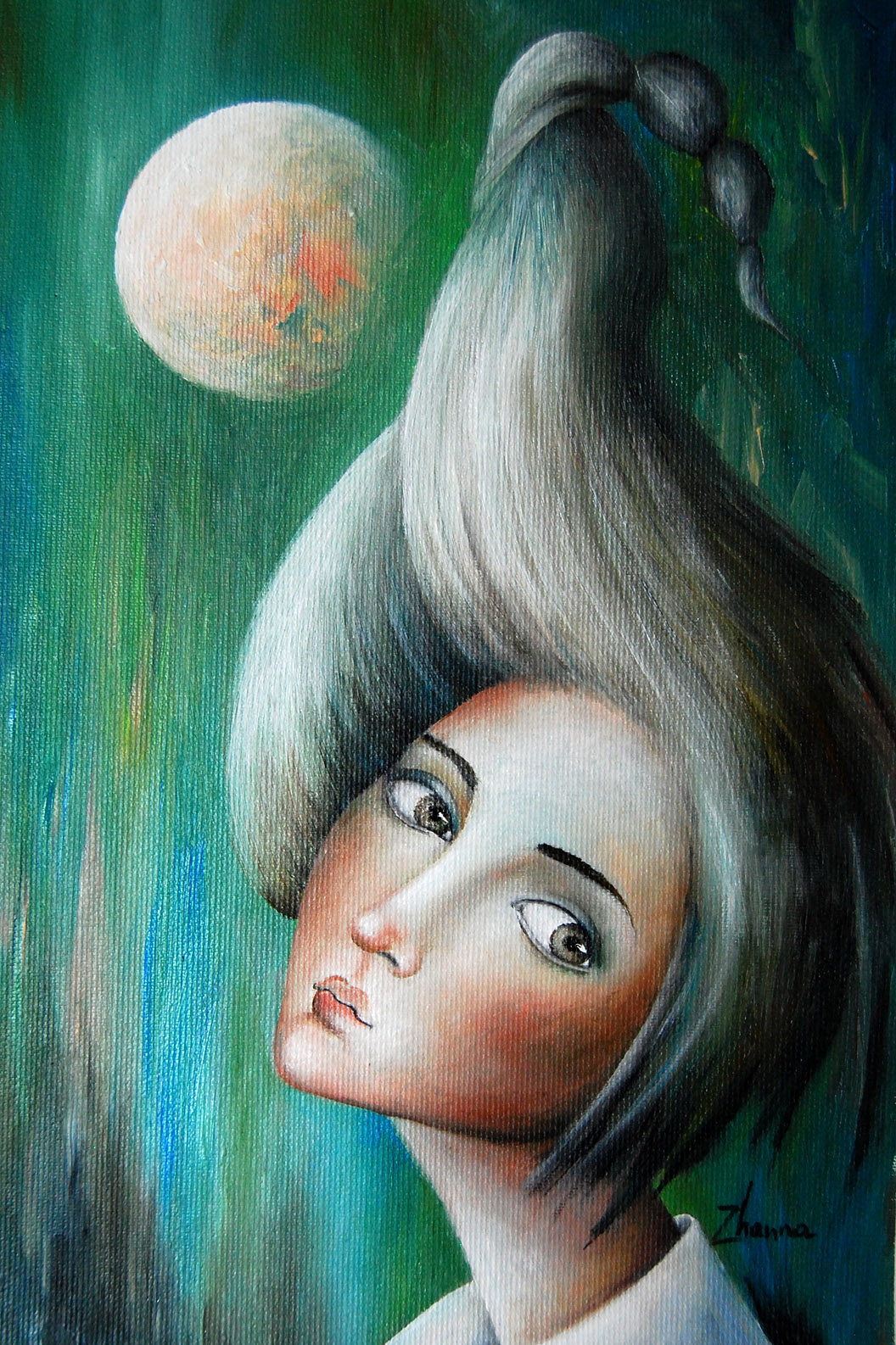 pandemic holidays contemporary symbolic painting Ethereal woman with hair shaped like a scorpion tail under a large glowing moon.