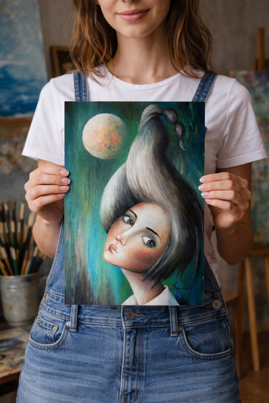 pandemic holidays contemporary symbolic painting pandemic holidays contemporary _Ethereal woman with hair shaped like a scorpion tail under a large glowing moon.symbolic painting