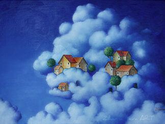 Surreal painting of houses and trees floating on soft blue clouds in a deep blue sky.