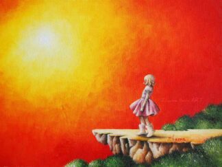 A young girl in a pink dress standing on the edge of a cliff looking at a giant golden sun.