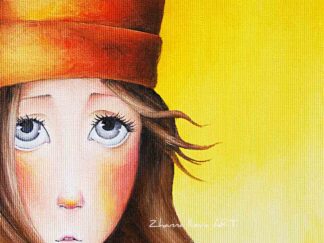 Whimsical portrait of a girl with big eyes and pigtails on a bright yellow background.painting (copy)