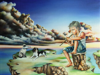 Surrealistic landscape with a boy playing flute on a floating island with a cat and dog.