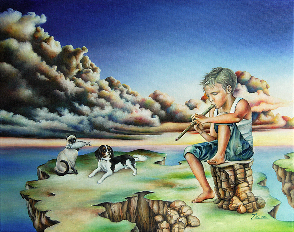 song for vega surreal fantasy oil painting Surrealistic landscape with a boy playing flute on a floating island with a cat and dog.