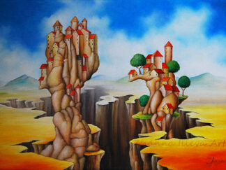 Surreal painting of impossible rock formations with red-roofed houses on top.