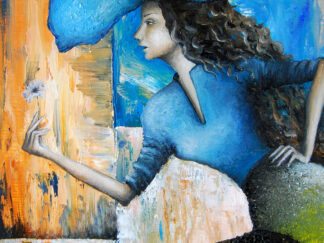 Palette knife oil painting of a woman in blue holding a delicate flower.