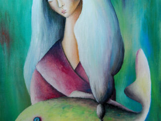 Ethereal woman with long white hair holding a large green fish._оriginal a4