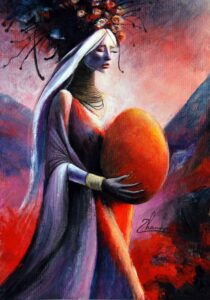 Surreal acrylic painting of a woman with a long neck and floral headpiece holding a large golden egg in a desert landscape, textured brushstrokes style.
