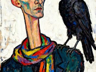 xpressionist painting of an eccentric man with a rainbow scarf and a crow on his shoulder, A4 print,