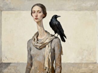 Symbolic painting of a woman with a very long neck and classical features with a crow on her shoulder, A4 print